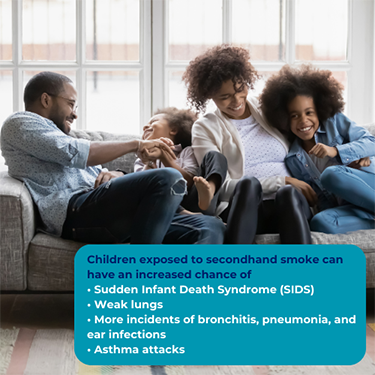 Children exposed to secondhand smoke can have increased chance of SIDS, weak lungs, more incidents of bronchitis, pneumonia, ear infections and asthma attacks