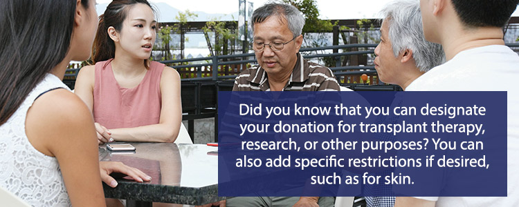 Did you know that you can designate your donation for transplant therapy, research, or other purposes? You can also add specific restrictions if desired, such as for skin.
